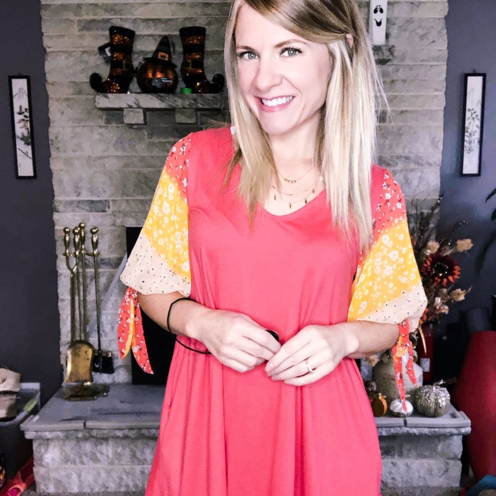 NWT Coral Dress with Floral Chiffon Sleeves - Picture 5 of 7